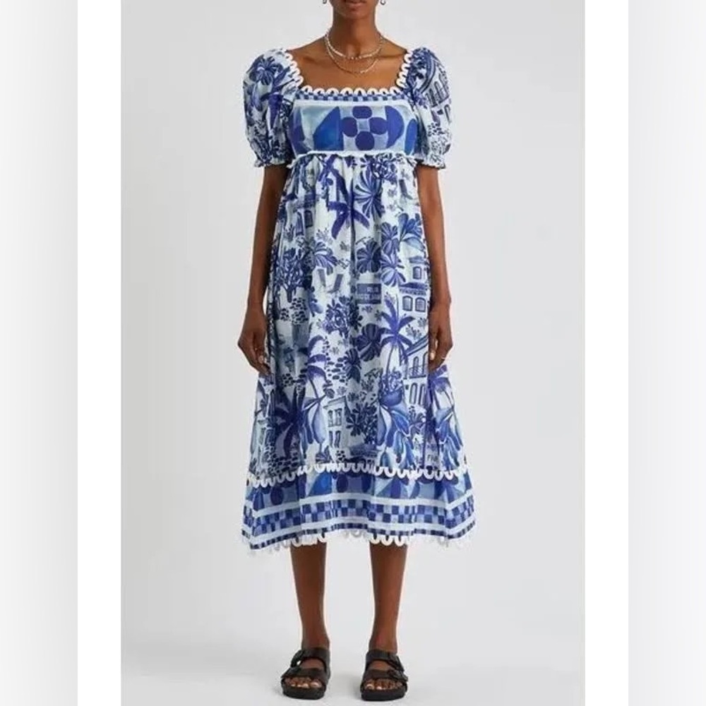 FARM Rio Blue and White Botanical-Print Midi Dress